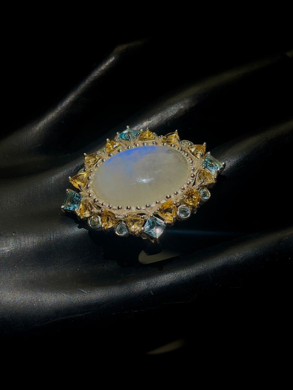 27 ct Rainbow Moonstone , Citrine. Topaz and Sterling Silver Sunburst Ring